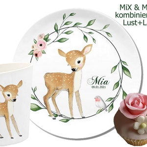 Deer fawn, children's tableware personalized, children's plate with name, gift girl, deer, deer calf, melamine cup
