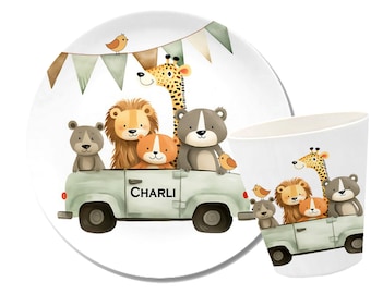 Giraffe, children's tableware personalized, children's plate with name, gift birth, baptism, bear, lion, tiger, melamine cup