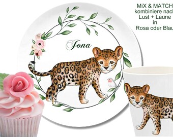 Leopard, Kindergeschirr personalisiert, Kinderteller Name, Jaguar, Wildkatze, Melamin Becher