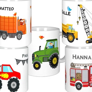 Personalized kindergarten cup, shatter-proof plastic cup, enamel mug name, fire brigade, tractor, monster truck, ambulance, garbage collection