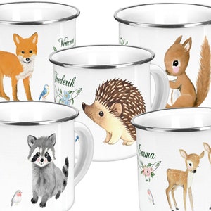 personalized children's cup, name breakfast board, enamel cup deer, children's tableware, gift for school, birth, squirrel