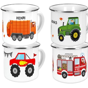 Children's mug, personalized enamel mug, ceramic mug name, breakfast board, garbage truck, fire brigade, ambulance, tractor, excavator