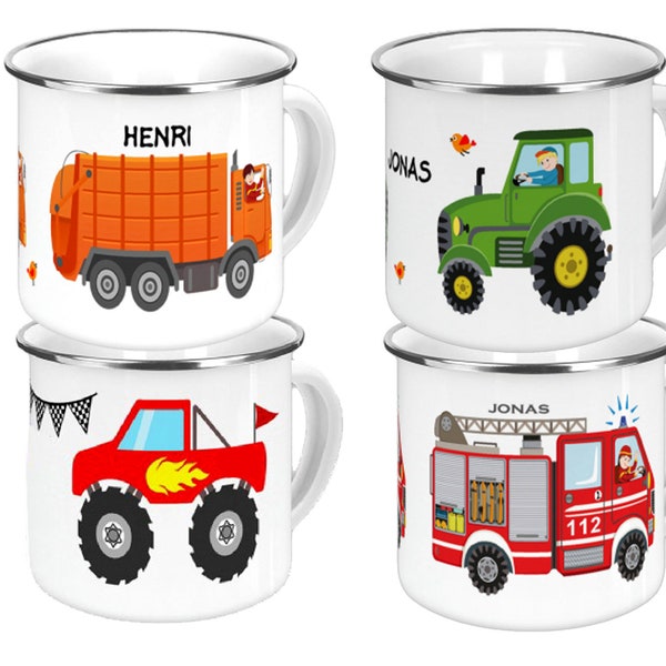 Kindertasse, Emailletasse personalisiert, Keramiktasse Name, Frühstücksbrett, Müllwagen, Feuerwehr, Krankenwagen, Traktor, Bagger