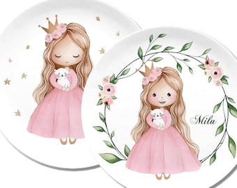 Prinzessin, Kinderteller personalisiert,  Kindergeschirr Name, Frühstücksbrett, Königin, Königstochter, Katze, Melamin Becher
