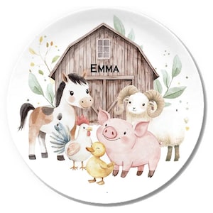 Pferd, Kinderteller personalisiert, Kindergeschirr mit Name, Frühstücksbrett, Geschenk Geburt, Taufe, Melamin Becher, Bauernhof, Gockel,Ente