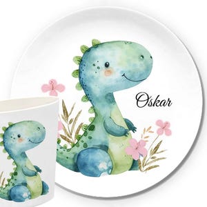Kinderbord met dinosaurussenmotief, gepersonaliseerd kinderservies met naam, ontbijtplank, cadeau voor geboorte, doop, kindermok, melamine, dinosaurus