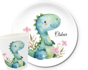 Dino, Kinderteller personalisiert, Kindergeschirr mit Name, Frühstücksbrett, Geschenk Geburt, Taufe, Kinderbecher, Melamin, Dinosaurier