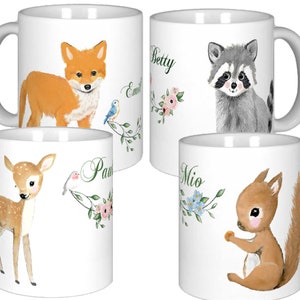 Kindergartentasse personalisiert, Kindertasse Keramik oder bruchfest,Kunststofftasse Name, Geschenk Kindergarten, Schulanfang, Waldtiere