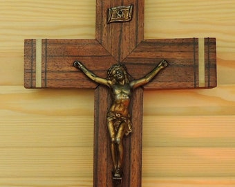 Antique French Crucifix INRI - Wooden Brass Crucifix - Holy Wood Cross - Vintage Crucifix - Wood Crucifix Home Altar Chapel Decor Collection