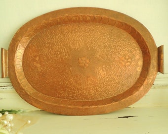 Vintage Tray Copper Plated Coppered Hammered, Oval Salver, Vintage Kitchen Table Rustic Decor Decoration Ornament, Collectibles