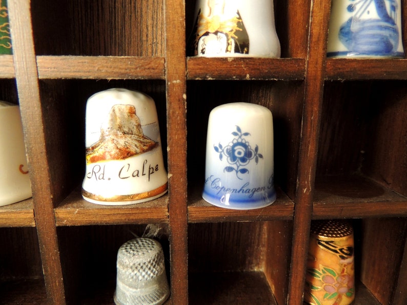 Set 20 Thimbles & Hanging Wall Wood Shelf, Vintage Ceramic Brass Clay