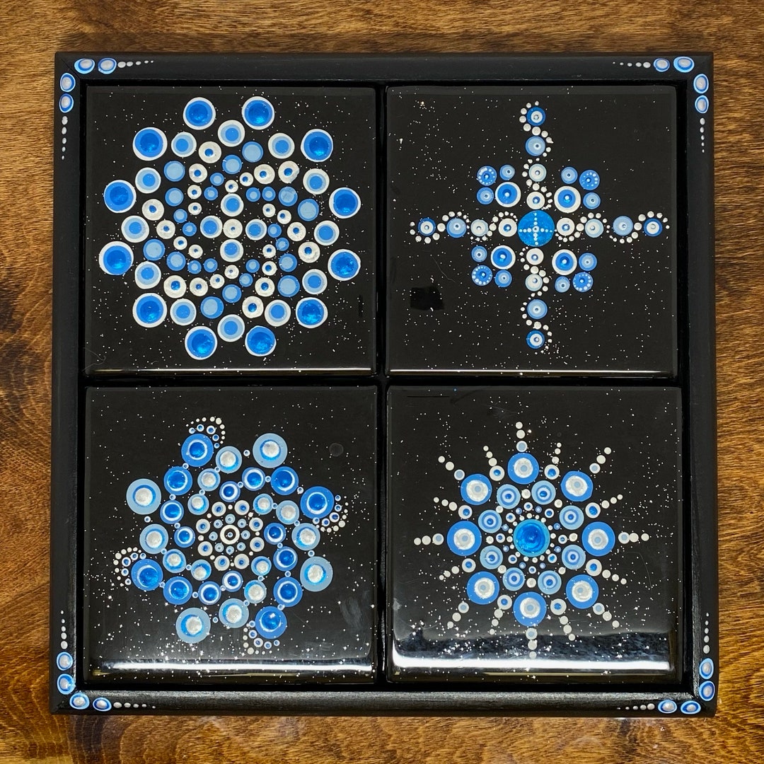 008 Blue and Silver Ceramic Tile Set With Frame, Trivet, Coasters - Etsy