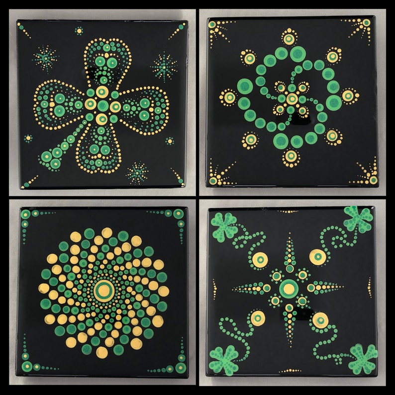 Ceramic Tile Art Shamrock S Luck Hand Painted Set Of 4
