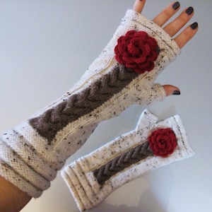 Fingerless gloves with braid and rose/Raw long gloves fingerless knitted/Romantic knitted arm warmer/Exclusiv fingerless/Boho knitted sleeve