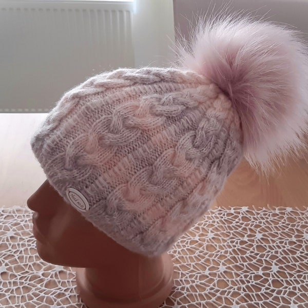 Berretto elegante con trecce a maglia/Berretto con pompon rimovibile/Cappello sci foderato/Berretto mohair melange degradè/Regalo esclusivo