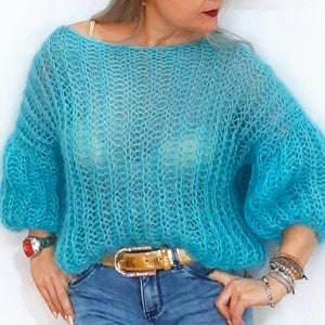Elegant Mohair sweater balloon sleeves/Short fashion oversize sweater/Soft large knit/Knit fluffy pullover/Bare shoulder knit/Fluffy sweater