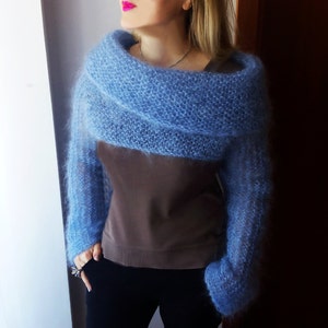 Mohair shoulder wrap with cowl neck/Knit short sweater/Versatile shrug/Mohair shoulder cover/Boho shoulder warmer/Fluffy sweater long neck