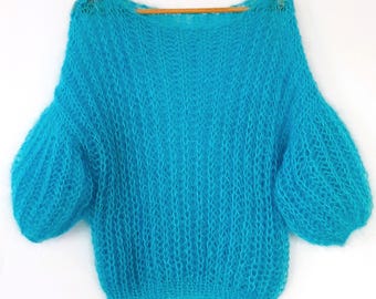 Suéter de gasa de mohair con mangas abullonadas/Suéter de punto moderno/Suéter extragrande con hombros descubiertos/Suéter bohemio esponjoso