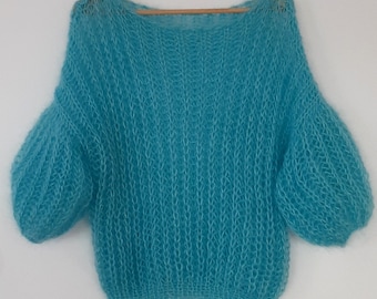 Mohair-Gaze-Pullover mit Ballonärmeln/Moderner durchbrochener Pullover/Übergroßer Pelzpullover mit freier Schulter/Flauschiger Pullover