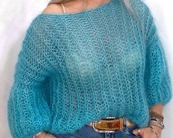 Mohair-Gaze-Pullover mit Ballonärmeln/Moderner durchbrochener Pullover/Übergroßer Pelzpullover mit freier Schulter/Flauschiger Pullover