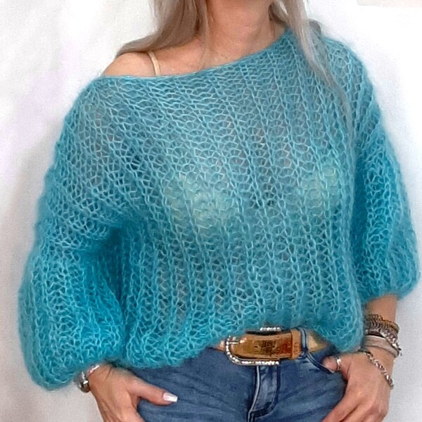 Mohair-Gaze-Pullover mit Ballonärmeln/Moderner durchbrochener Pullover/Übergroßer Pelzpullover mit freier Schulter/Flauschiger Pullover