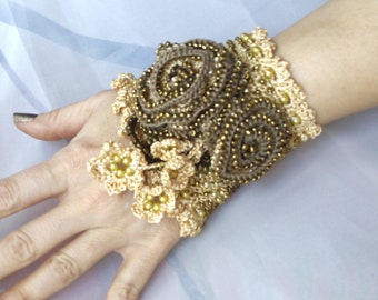 Boho flower and bead cuff large bracelet/Raw cuff in silk crochet/Ethnic sleeve/Flower and pendant band bracelet