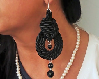 Maxi celtic knot with onyx earrings/Woven raw earrings/Big black earrings/Boho ethnic earrings/Raw dangle earrings gift/Fashion celtic jewel