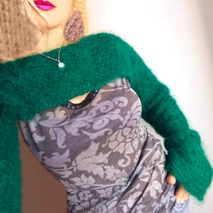 Green mohair shoulder cover knitted/Raw short shoulder warmer/Fluffy sweater with straight crew/Versatile soft dress cover