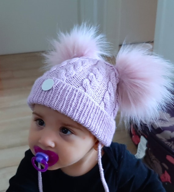 Cappello - Cuffia - Berretto Bambina Grigio E Rosa Con Fiori In Mad Fatto A Mano