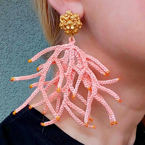 Coral maxi pendant earrings/Boho earrings crocheted/Bigs Chandelier earrings/Coral branch crochet earrings/Embroidered raw earrings gift