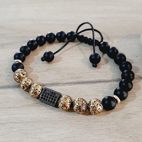 Shamballa Gemstone UNISEX Bracelet/Onyx, Lava Stone and Rhinestone Bracelet/Energy, Protection Bracelet/Raw Jewelry/Yoga Gift/Black and gold