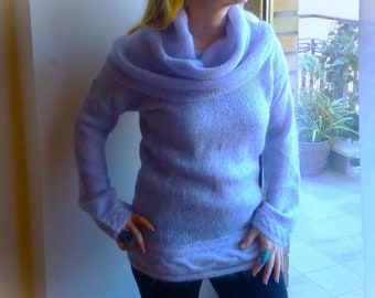 Long mohair sweater with shawl collar/Fluffy sweater knitted/Big hooded sweater/Loose sweater with cables