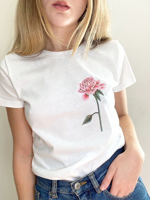 Embroidered Chrysanthemum Flower White T-shirt | Etsy
