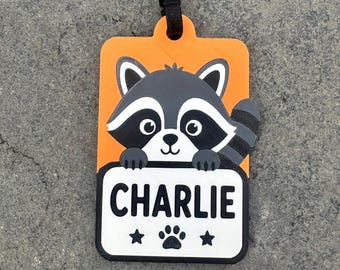 Personalised Raccoon Luggage Tag, Custom Name School Bag Charm, Children's Travel Accessory