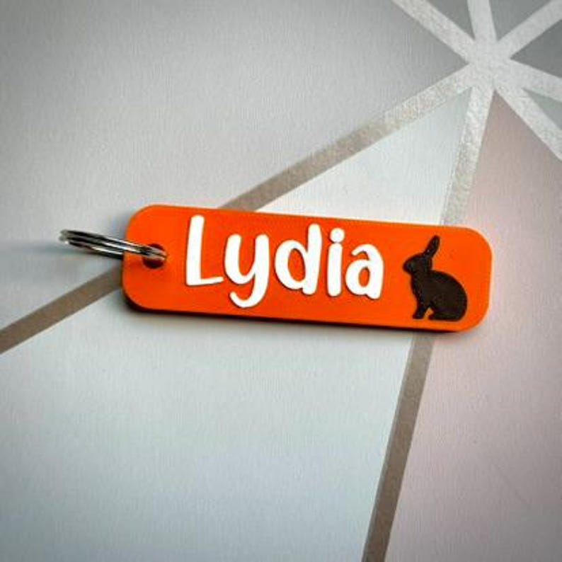 Puede incluir: Llavero rectangular naranja con el nombre "Lydia" en blanco y una silueta negra de conejo. El llavero tiene un llavero plateado.