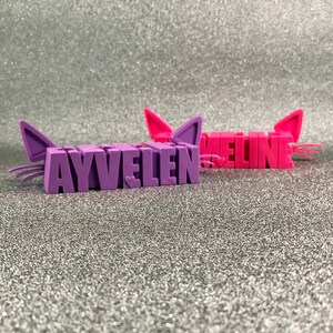May include: Two personalized name plaques with cat ears and whiskers. The first plaque is purple and says "AYVELLEN". The second plaque is pink and says "MELINE".