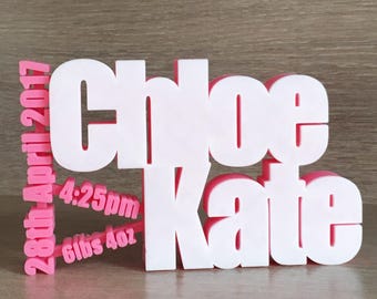 May include: Pink and white personalized name plaque with the name "Chloe Kate" and the date "28th April 2017", time "4:25pm", and weight "6lbs 4oz".
