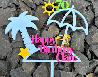 Adorno para tarta personalizado con diseño de playa y sol de verano: decoración impresa en 3D para fiesta de cumpleaños