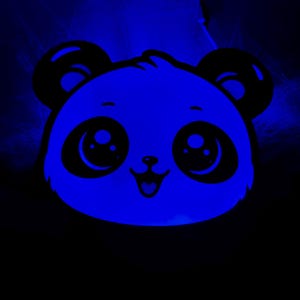 May include: A glowing blue panda face with large, expressive eyes, a small nose, and a smiling mouth. The panda's ears and facial features are black, contrasting with the bright blue glow. The background is dark, emphasizing the panda's illuminated features.