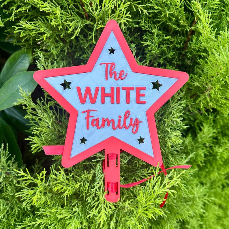 Puede incluir: Un letrero en forma de estrella rojo y azul claro con el texto "The WHITE Family" en rojo. El letrero tiene un asa y est&aacute; decorado con peque&ntilde;os recortes de estrellas negras. El letrero se muestra sobre un fondo de follaje verde.