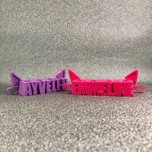 May include: Two pink cat-shaped nameplates with the names "Ayvelei" and "Emmeline" spelled out in raised letters. The nameplates are made of a soft, flexible material and have a cute, whimsical design.