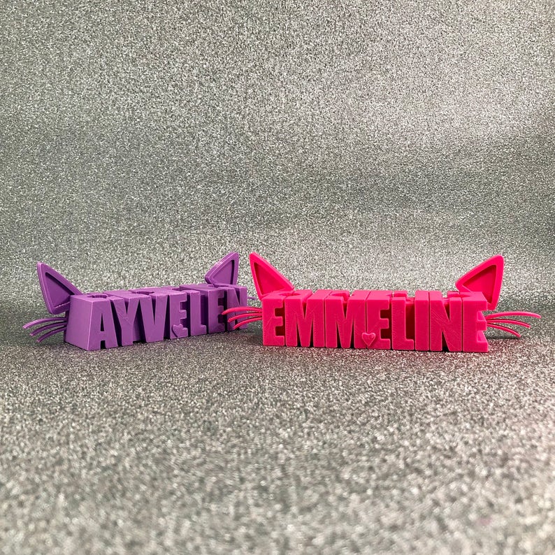 May include: Two pink cat-shaped nameplates with the names "Ayvelei" and "Emmeline" spelled out in raised letters. The nameplates are made of a soft, flexible material and have a cute, whimsical design.