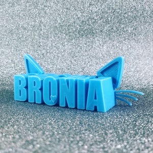 May include: A light blue 3D printed nameplate with the name "BRONIA" spelled out in block letters. The nameplate has a cat's ears and whiskers on either side.