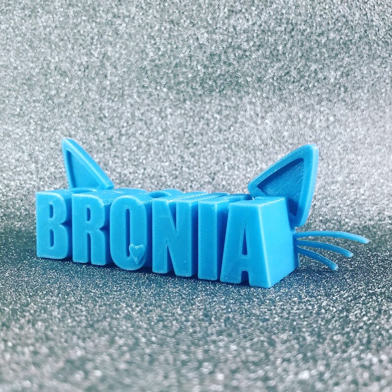 May include: A light blue 3D printed nameplate with the name "BRONIA" spelled out in block letters. The nameplate has a cat's ears and whiskers on either side.