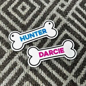 Puede incluir: Dos etiquetas blancas en forma de hueso para mascotas con contornos negros. Una etiqueta tiene "HUNTER" en azul, la otra "DARCIE" en rosa. Ambas etiquetas tienen un agujero para sujetar.