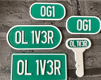 Personalised Toy Car License Plate Set & Key - 3D Printed - Ride On Accessories