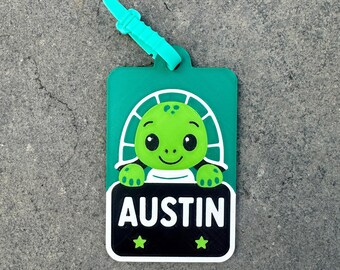 Personalised Tortoise Turtle Luggage Tag, Custom Name School Bag Charm, Children's Travel Accessory