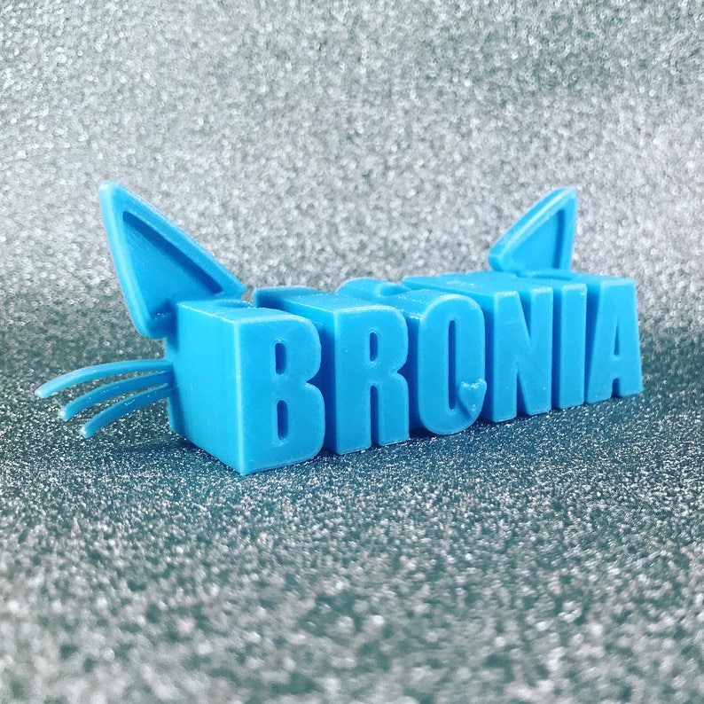 May include: A light blue 3D printed name sign that says "BRONIA" with a cat head design on the left side.