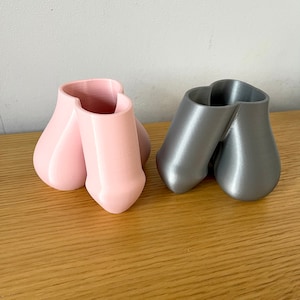 Puede incluir: Dos jarrones decorativos impresos en 3D, uno rosa claro y otro gris, cada uno con una forma abstracta única. Los jarrones están colocados sobre una superficie de madera, mostrando sus distintas formas y colores. Diseño moderno y artístico.