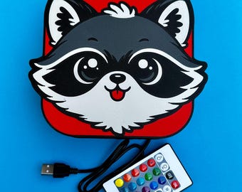 Caja de luz LED con forma de mapache kawaii – Luz nocturna que cambia de color, decoración para el dormitorio (USB)